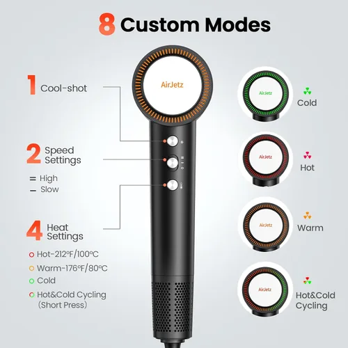 Vista 7 de Secador de pelo, 160,000 rpm, secador iónico de alta velocidad para secado rápido, secador de pelo ligero profesional con difusor, boquilla