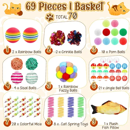 Vista 3 de Sosation Juego de 70 cestas de almacenamiento de Pascua para gatos, juego de juguetes coloridos para gatitos para interiores, incluyendo ratones