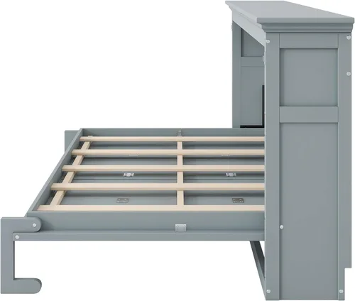 Vista 8 de MERITLINE Armario de cama Murphy horizontal individual con escritorio, marco de cama Murphy de madera maciza para habitación pequeña, oficina Gris
