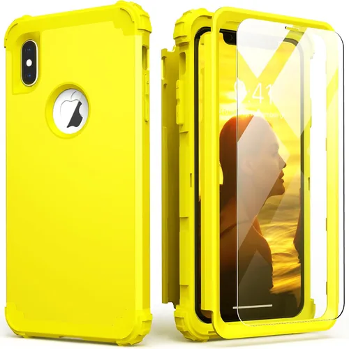Vista 14 de IDweel Funda para iPhone Xs Max con protector de pantalla de vidrio templado, absorción de golpes 3 en 1, protección resistente, cubierta de Negro