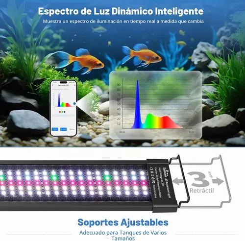 Vista 4 de Luz LED Bluetooth para acuario con control de aplicación, 3 modos para pecera de 12 a 18 pulgadas con espectro completo luces blancas, azules, rojas