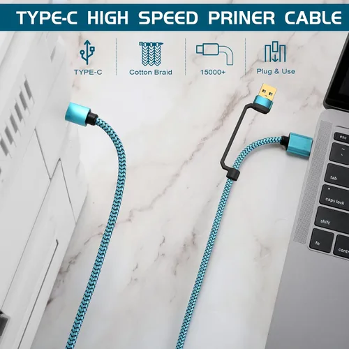 Vista 3 de Cable de impresora de 25 pies, cable USB C 2 en 1 y USB A a USB B, cable de impresora trenzado de nailon de alta velocidad para Mac, MacBook Pro