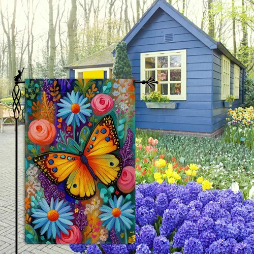 Vista 3 de Bandera de jardín de mariposa para primavera y verano, floral, bandera de jardín, vertical, de doble cara, rústica, arpillera, patio, césped