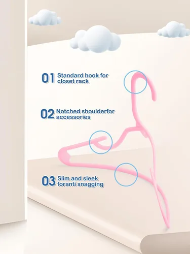 Vista 6 de Paquete de 60 perchas de plástico para niños, color rosa para uso diario 11.4-Inch Baby Clothes Hangers Fit Newborn to Toddler, Non-Slip Notches