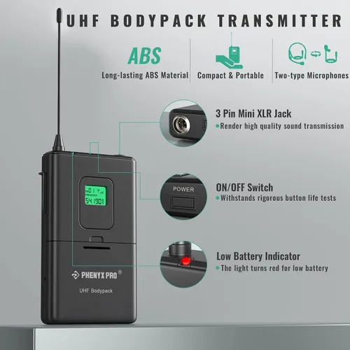 Vista 4 de Phenyx Pro Paquete de sistema de micrófono inalámbrico PTU-5000-2H2B con el estuche de transporte personalizable de gran