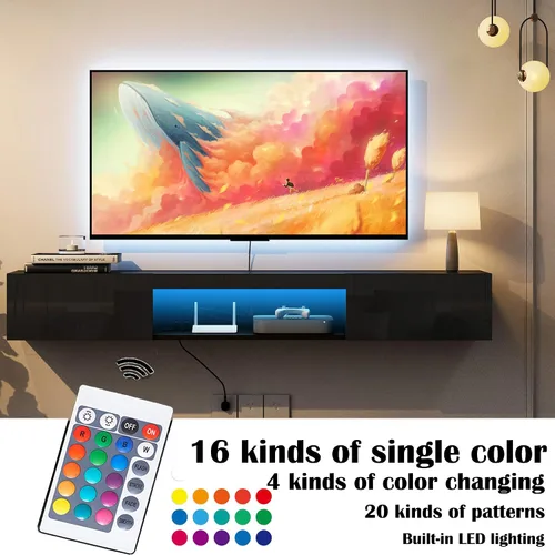 Vista 6 de Soporte flotante para TV montado en la pared con 20 LED de color, soporte de TV moderno de 63 pulgadas, gabinete de TV flotante centro