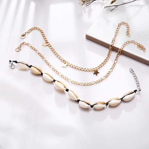 Vista 9 de 23 unids conjunto simple Puka Shell pulsera de tobillo Shell estrella de mar onda tobillo pulsera forma corazón Chian tobillo pulsera moda 8