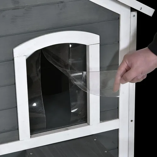 Vista 2 de Casa para gatos de 2 pisos al aire libre, resistente a la intemperie para gatos salvajes con puerta de escape, techo que se abre, plataformas
