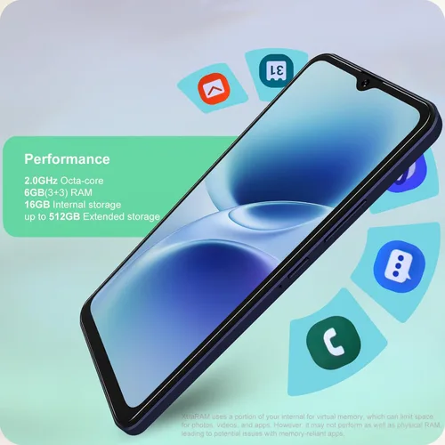 Vista 5 de 6.6 "HD+ teléfono celular 4G Android 12 Teléfono inteligente Octa-Core 6 (3+3)+16GB Expandir 512GB Dual Nano SIM Desbloqueado Teléfonos Android