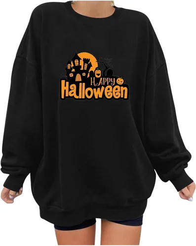 Vista 2 de Sudadera de Halloween con cuello redondo para mujer, estampado de calabaza, mangas caídas, jersey con letras