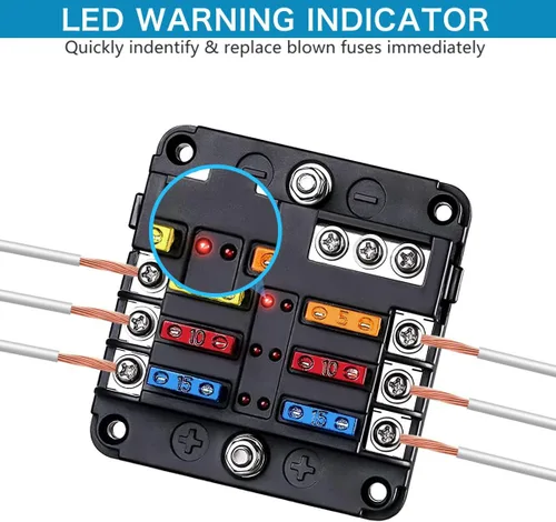 Vista 4 de Bloque de fusibles de 6 vías, fusible de cuchilla de 12V, 6 circuitos ATC/ATO, soporte para caja de fusibles impermeable con indicador LED, cubierta
