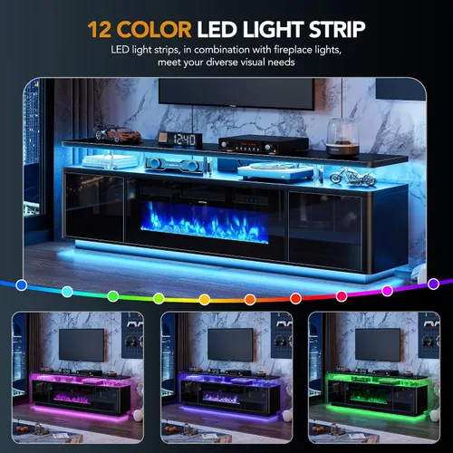 Vista 2 de oneinmil Soporte de TV con chimenea de 70 pulgadas para sala de estar, centro de entretenimiento con chimenea eléctrica con luces LED dobles