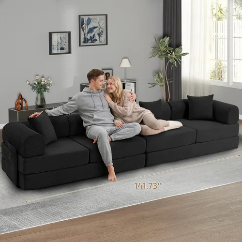 Vista 8 de Sofá cama modular en forma de U de 141.73 pulgadas, sofá de pana modular 6 en 1 con sensación suave como una nube, bolsa de almacenamiento