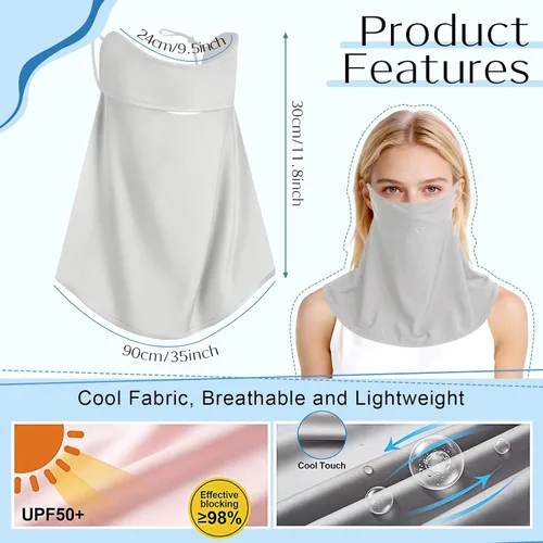 Vista 2 de 4 máscaras faciales de protección solar UV con cobertura para el cuello, bufanda, bufanda UPF50+, protector facial transpirable y refrescante