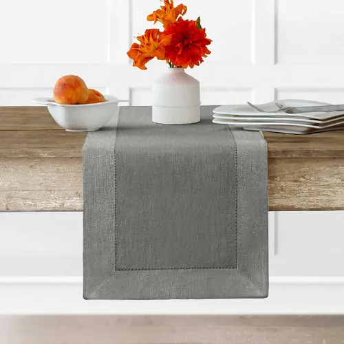 Vista 9 de Elrene Home Fashions Villeroy and Boch New Wave - Mantel de tela de lino con borde metálico, redondo, 90 pulgadas, blanco/plateado