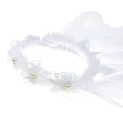 Vista 4 de Diadema de dos capas con velo de primera comunión para niñas, corona floral (perla y flor), Perla y flor