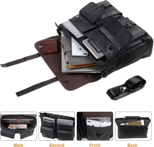 Vista 6 de Bolso bandolera de cuero para hombre, 14, 15.6, 17.3 pulgadas, bolso de cuero vintage para laptop, maletín, bolsa de trabajo grande