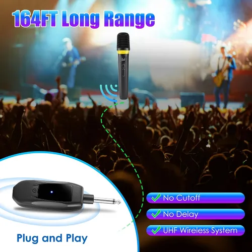Vista 7 de Micrófonos inalámbricos UHF, micrófonos dinámicos de mano de metal con rango de 164 pies, luz RGB, micrófono vocal dinámico cardioide para fiesta
