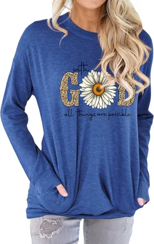 Vista 2 de OUNAR Camiseta de manga larga con estampado de leopardo con texto en inglés "With God All Things are Possible Faith Sayings