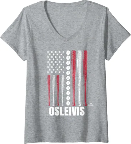 Vista 6 de Womens Baseball American Flag Osleivis Basabe Prospect Baseball Fan V-Neck T-Shirt
