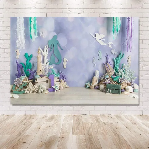Vista 4 de MEHOFOND Telón de fondo de fotografía de sirena bajo el mar, 7 x 5 pies, decoración de fiesta de cumpleaños para niña, decoración de fiesta