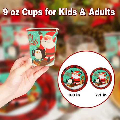 Vista 5 de DIYASY Platos y servilletas de papel de Navidad, paquete de 96 platos desechables, platos de cena de postre de Navidad resistentes a granel para 24