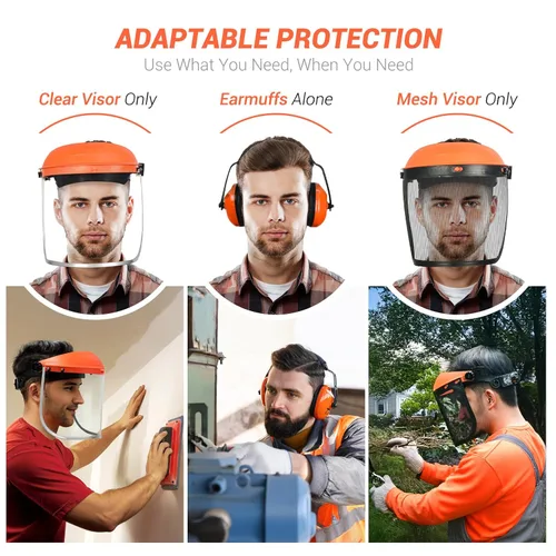 Vista 3 de Escudo facial de seguridad con combinación de protección auditiva, viene con malla y visera transparente para moler carpintería