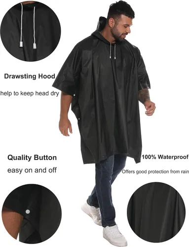 Vista 36 de Ponchos de lluvia reutilizables con capucha con cordón para adultos, abrigo de lluvia grueso impermeable, 2 paquetes