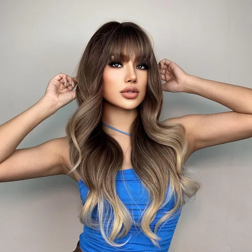 Vista 4 de Peluca marrón con flequillo para mujer, peluca larga ombré marrón oscuro, peluca sintética ondulada con raya en medio, cabello natural resistente al