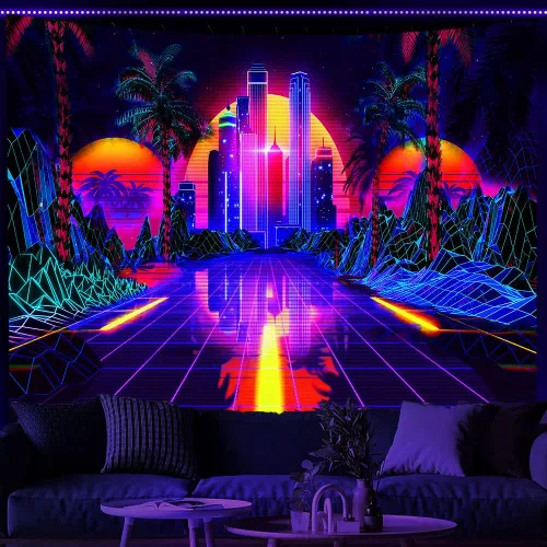 Vista 6 de TPMDFC Tapiz punk urbano con luz negra, reactivo a los rayos UV, decoración futurista japonesa de ciudad futurista, tamaño pequeño, 40 pulgadas, 30