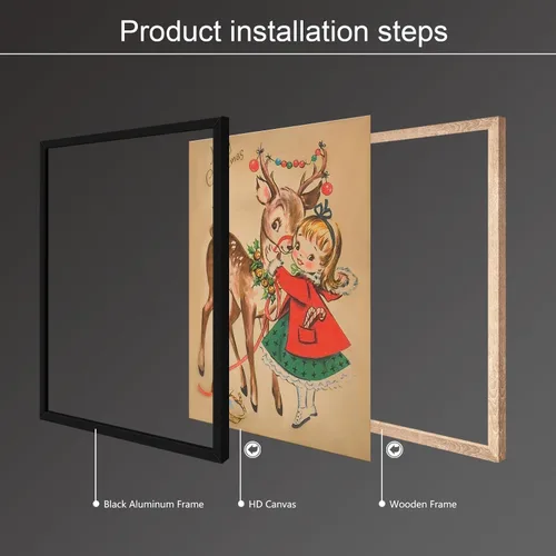 Vista 5 de Huabsad Arte de pared vintage de Navidad, regalos retro para niños, niñas lindas abrazando ciervos, impresiones estéticas de imágenes rústicas