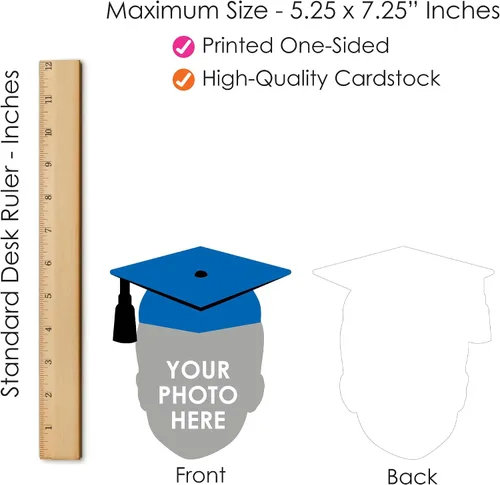 Vista 5 de Big Dot of Happiness Gorra de graduación azul con foto personalizada, decoraciones divertidas con recortes de cara, esenciales de decoración