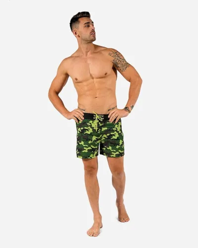 Vista 6 de Traje de baño tradicional de camuflaje verde militar, elástico en 4 direcciones, secado rápido, resistente al cloro, forro de compresión integrado