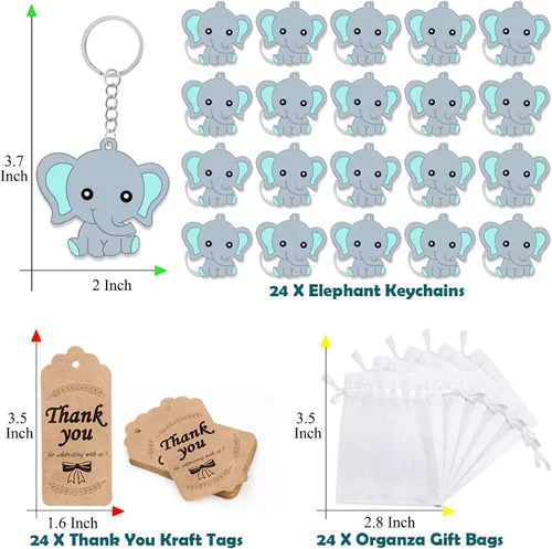 Vista 2 de CiciBear Paquete de 72 recuerdos de fiesta de elefante con llaveros de elefante azul bebé, etiquetas de agradecimiento y bolsas de regalo