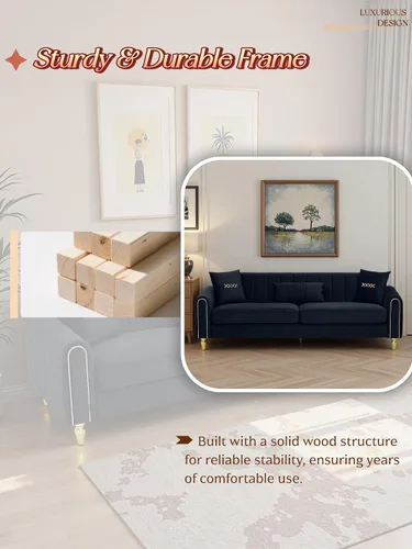 Vista 4 de Sofá de terciopelo de 87.5 pulgadas, sofá de 3 plazas, cómodo y moderno, con 3 almohadas suaves, sofá tapizado para sala de estar, dormitorio
