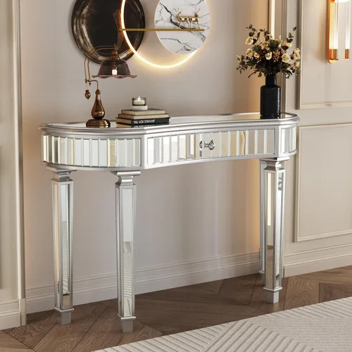Vista 10 de Mesa de consola con espejo de 48 pulgadas, mesa de entrada moderna de plata glamorosa con borde tallado negro vintage con espejo de vidrio para sala