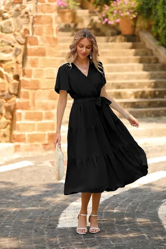 Vista 3 de PRETTYGARDEN Vestidos de verano para mujer 2023, cuello en V, manga corta, bohemio, vestido midi con lazo en la cintura, vestidos de playa