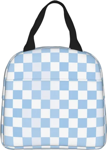 Vista 27 de Lonchera con diseño a cuadros azules aislada, bolsa térmica para almuerzo para adultos, niños, niñas, mujeres, oficina, trabajo, escuela, picnic