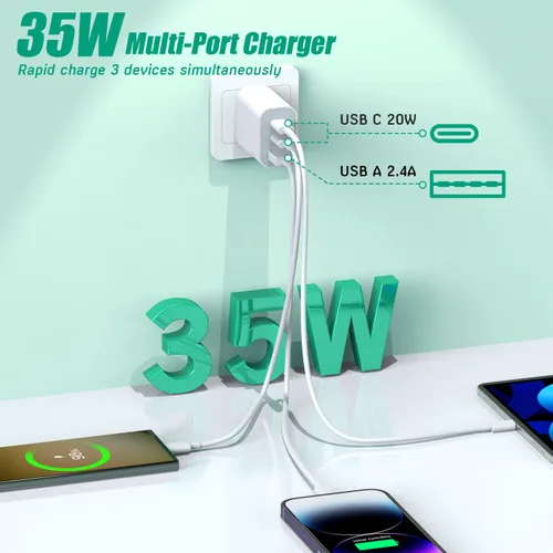 Vista 2 de Bloque de cargador USB C rápido de 35 W, cargador USB C de doble puerto, PD+QC, enchufe de pared multipuerto, cubo compatible con iPhone 17/17