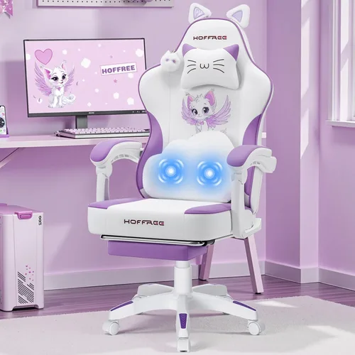 Vista 10 de HOFFREE Silla Rosa para Juegos con Orejas de Gato y Almohada Lumbar de Masaje en Forma de Nube, Silla Ergonómica Linda para Computadora para Niñas