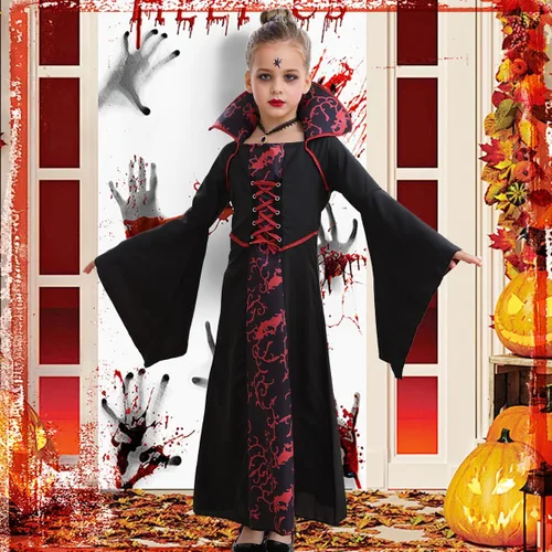 Vista 2 de iTVTi Disfraz de vampiro para niñas, disfraz de Halloween, carnaval, vestido negro para cosplay