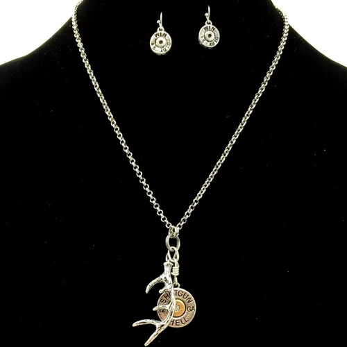 Vista 2 de Western Peak Western Shotgun Bullet Shell Buck Astler Charms Colgante Collar con Pendientes Cobre Plata