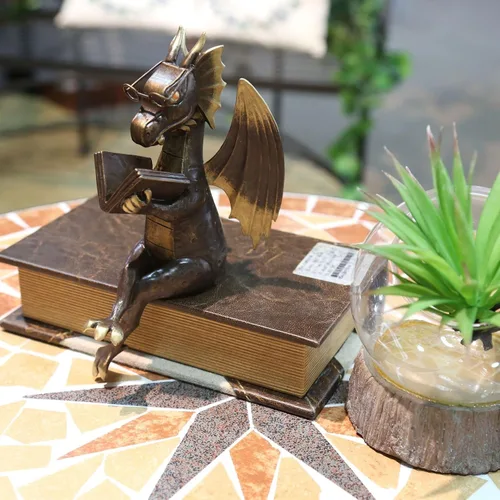 Vista 6 de Estatua de lectura de dragón, imitación de bronce antiguo, figura de resina, decoración interior para el hogar