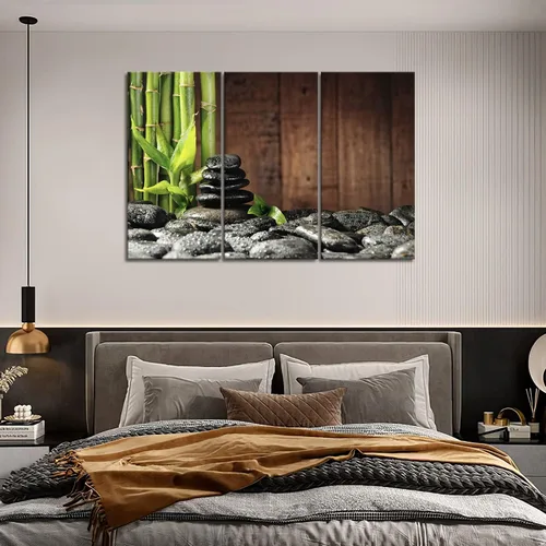 Vista 3 de Arte de pared Zen de 3 paneles, lienzo de bambú, color verde, spa, fondo de madera, cuadros impresos en lienzo, cuadro botánico para decoración