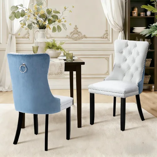 Vista 85 de Juego de 2 sillas de comedor de terciopelo con patas de madera, color beige Mid Century Modern Dining Chairs,Upholstered Chairs with Nailhead