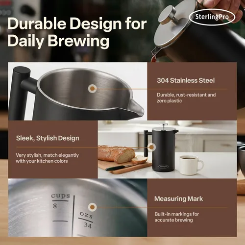 Vista 6 de SterlingPro Cafetera de prensa francesa de acero inoxidable, grande, 1 L (34 onzas), color negro, prensa de café duradera con aislamiento de doble