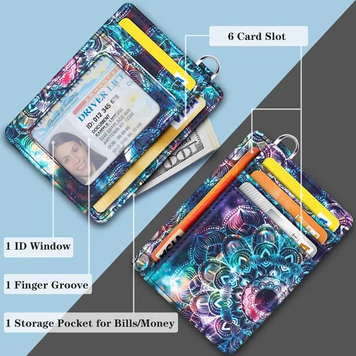 Vista 4 de Cartera delgada con bolsillo frontal RFID para tarjetas de identificación, bonita cartera pequeña con llavero para mujer