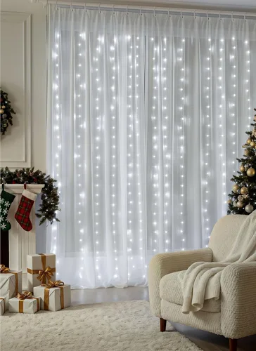 Vista 2 de Brightown - Cadena de luces para cortina, luces de hadas colgantes con control remoto, 8 modos, luces de ventana impermeables para telón de fondo