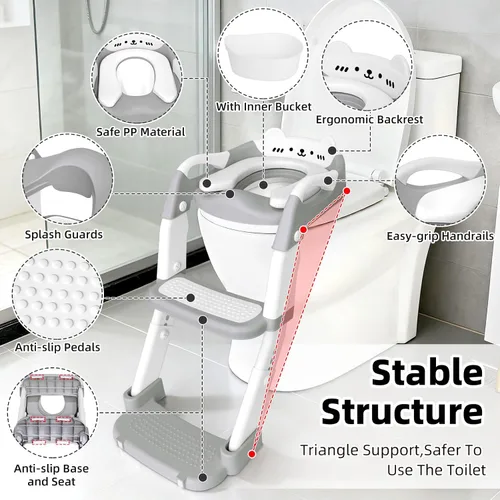 Vista 4 de Asiento de entrenamiento para ir al baño, asiento de inodoro mejorado para niños y niñas, inodoro de entrenamiento 3 en 1 con taburete escalonado