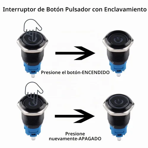 Vista 3 de 2 piezas interruptor de botón pulsador con pestillo de 16mm, 12V-24V, encendido/apagado, 1NO 1NC, impermeable IP66, carcasa de metal negro con Azul